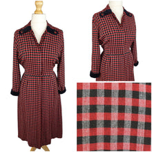 Load image into Gallery viewer, 1940s/1950s Red and Black Checked Dress with Velvet Collar and Cuffs
