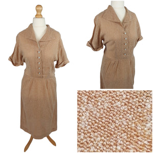 1940s Peach/Biscuit Dress with White Fleck And Diamante Buttons