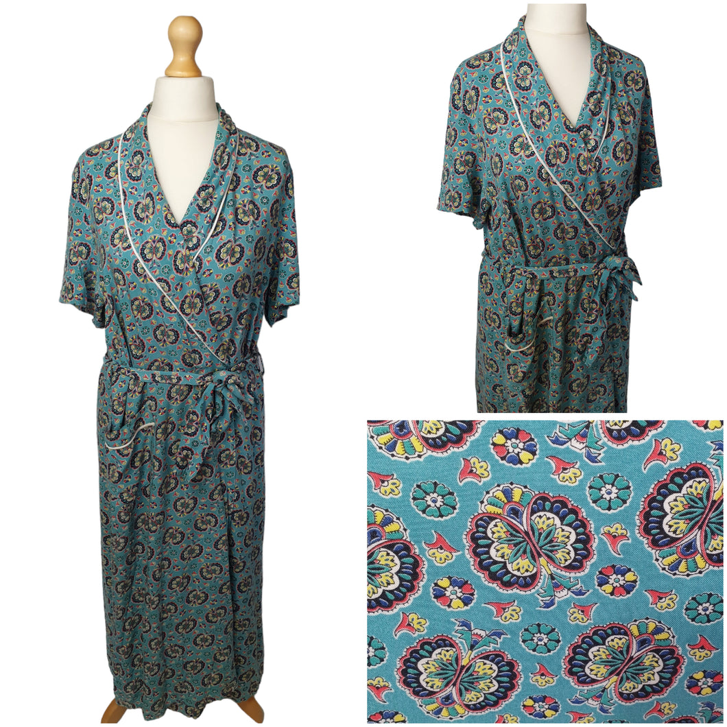 1940s Light Teal Peacock Print Wrap Dress
