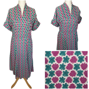 1940s Purple and Turquoise Seersucker Dress With Big Buttons Down The Back