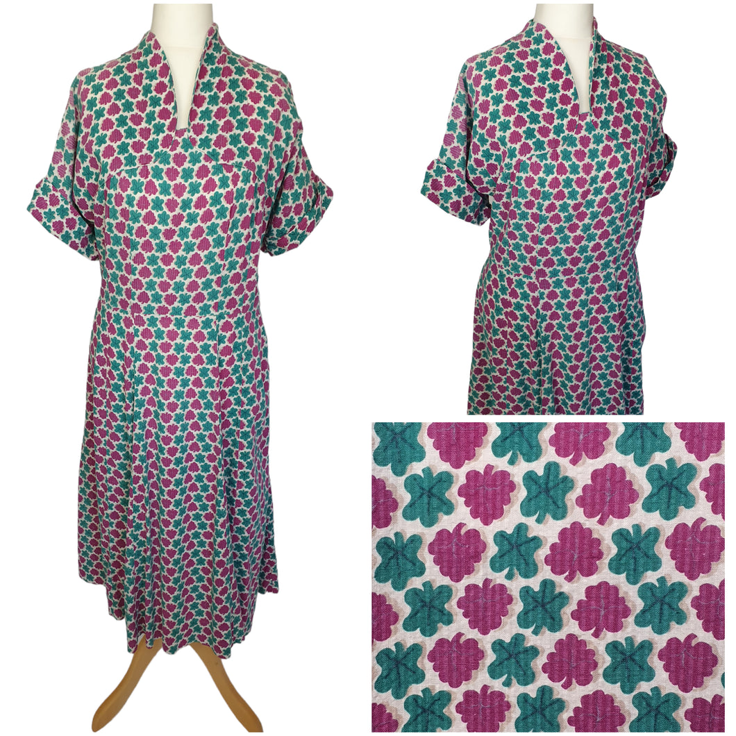 1940s Purple and Turquoise Seersucker Dress With Big Buttons Down The Back