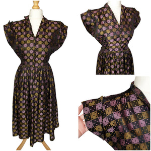 1950s Novelty Domino Print Green and Purple Dress
