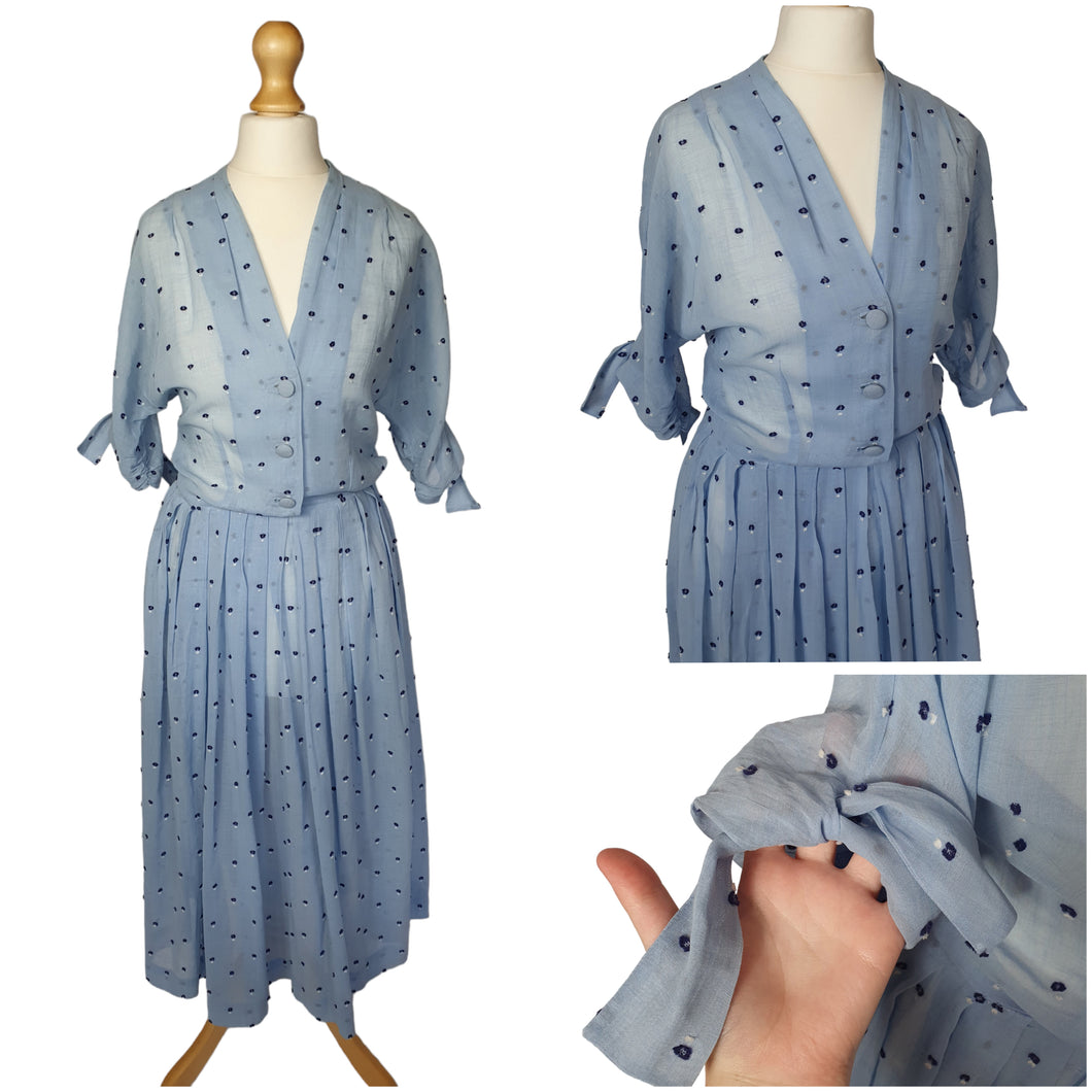 1950s Sheer Pale Blue Spotty Print Cotton Dress
