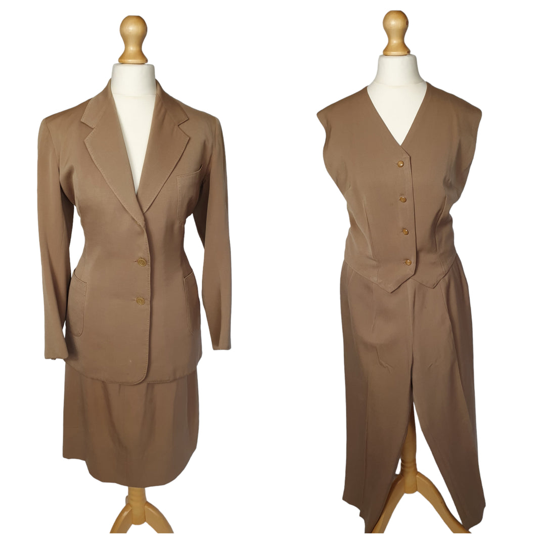 1940s Rare Taupe 4 Piece Suit - Jacket, Waistcoat, Skirt and Trousers