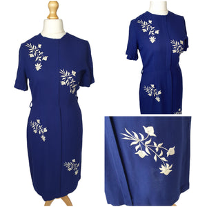 1950s Royal Blue Wool Dress With White Embroidered Flowers