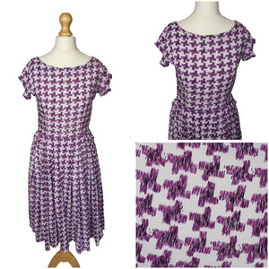 1950s Purple and White Rayon Dogtooth Dress