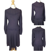 Load image into Gallery viewer, 1940s Navy Blue Crepe Dress With Button Back and Frills
