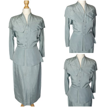 Load image into Gallery viewer, 1940s Pale Blue Silk Suit With Peplum Collar and Raglan Sleeve

