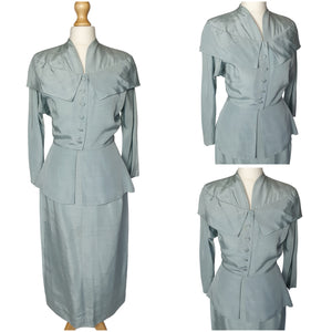 1940s Pale Blue Silk Suit With Peplum Collar and Raglan Sleeve