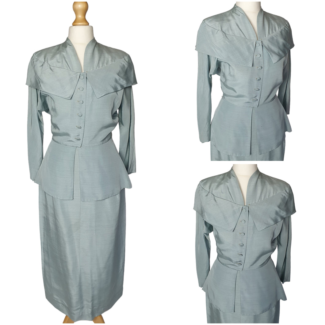 1940s Pale Blue Silk Suit With Peplum Collar and Raglan Sleeve