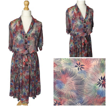 Load image into Gallery viewer, 1940s Pink, Blue and Green Mottled Hawaiian Leaf Print Dress
