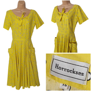 1950s Rare Horrockses Yellow, Black and White Spotty Print Dress
