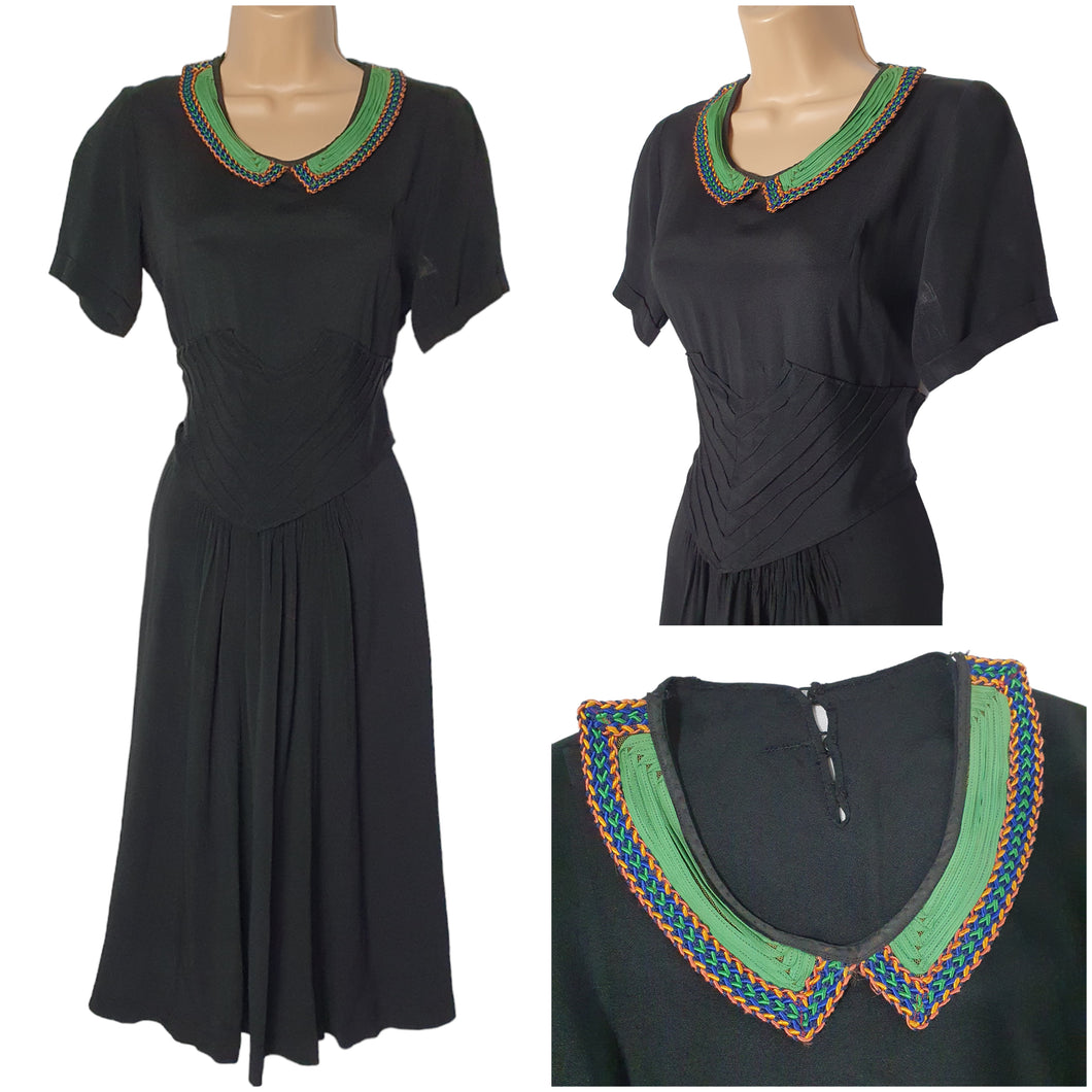 1940s Black Dress With Amazing Soutache Collar and Detailed Waistband