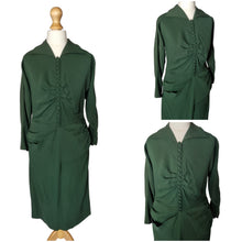 Load image into Gallery viewer, 1940s Bottle Green Dress With Small Buttons and Zip Cuffs
