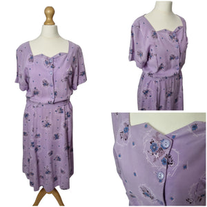 1940s Lilac, Blue, Black and White Rayon Dress With Hankerchief and Pocket Applique