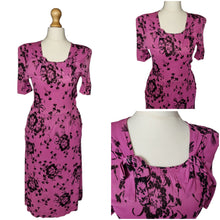 Load image into Gallery viewer, 1940s Hot Pink and Black Bouquet Print Rayon Jersey Dress
