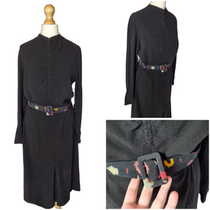 1940s Black Crepe Dress With Patterned Dress