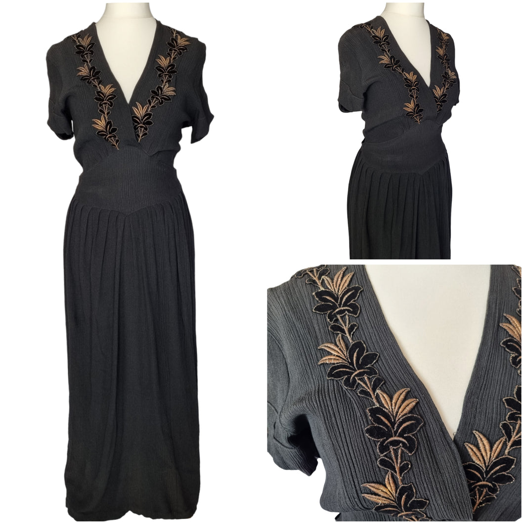 1940s Black Plisse Long Evening Dress With Velvet and Embroidery Detail