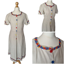 Load image into Gallery viewer, 1940s Thick Cream Linen Dress With Red, Yellow and Blue Detail
