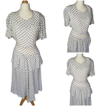 Load image into Gallery viewer, 1940s Blue and White Polka Dot Peplum Dress
