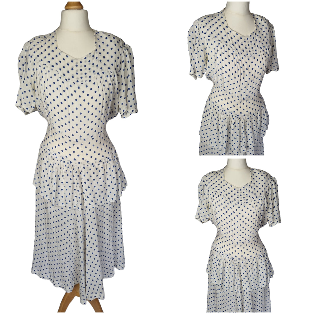 1940s Blue and White Polka Dot Peplum Dress