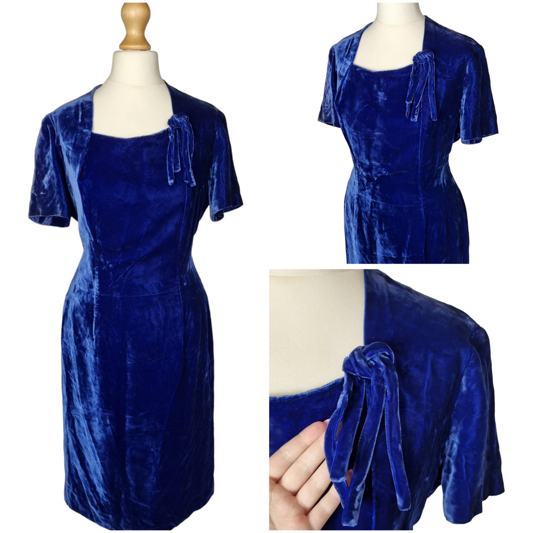 Late 1940s Royal Blue Velvet Dress With Bow