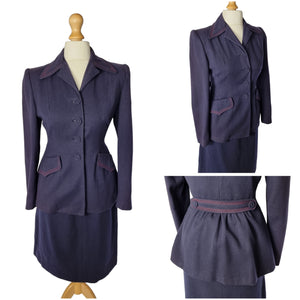 1940s Navy Blue and Red Belted Back Suit