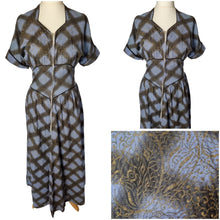 Load image into Gallery viewer, 1940s Blue, Black and Gold Seersucker Zip Front Long House Dress
