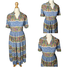 Load image into Gallery viewer, 1940s Sky Blue and Multicoloured Paisle Print Dress With Amazing Collar
