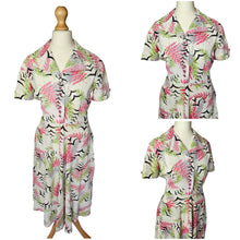 Load image into Gallery viewer, 1940s Pink, Green, Black Waffle Cotton Bird and Leaf Print Dress
