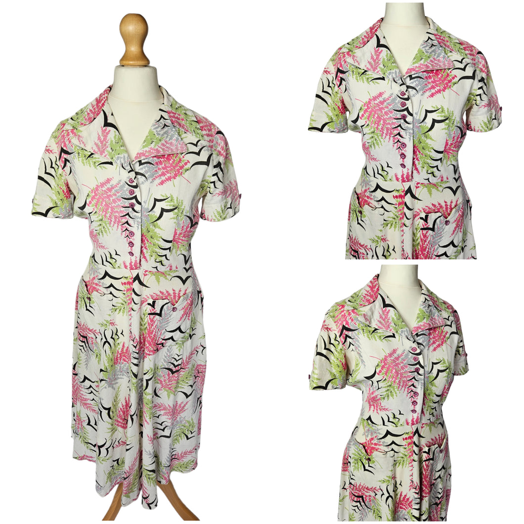 1940s Pink, Green, Black Waffle Cotton Bird and Leaf Print Dress