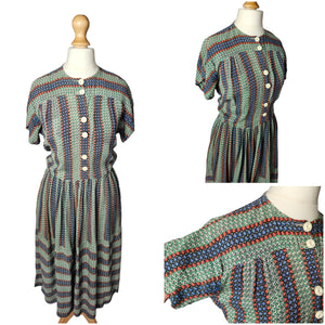 1940s Orange, Blue and Green Striped Floral Dress