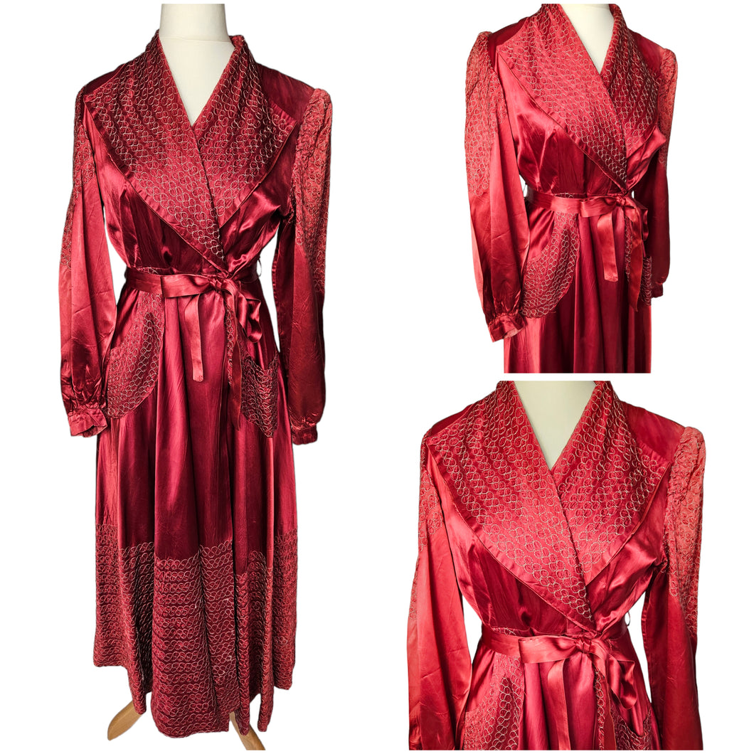 1940s Cranberry Red Liquid Satin Dressing Gown/Robe