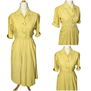 1940s Lemon Yellow Dress With Big Buttons