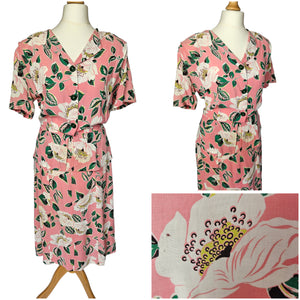 1940s Pink, Green and White Flower and Leaf Print Rayon Peplum Dress