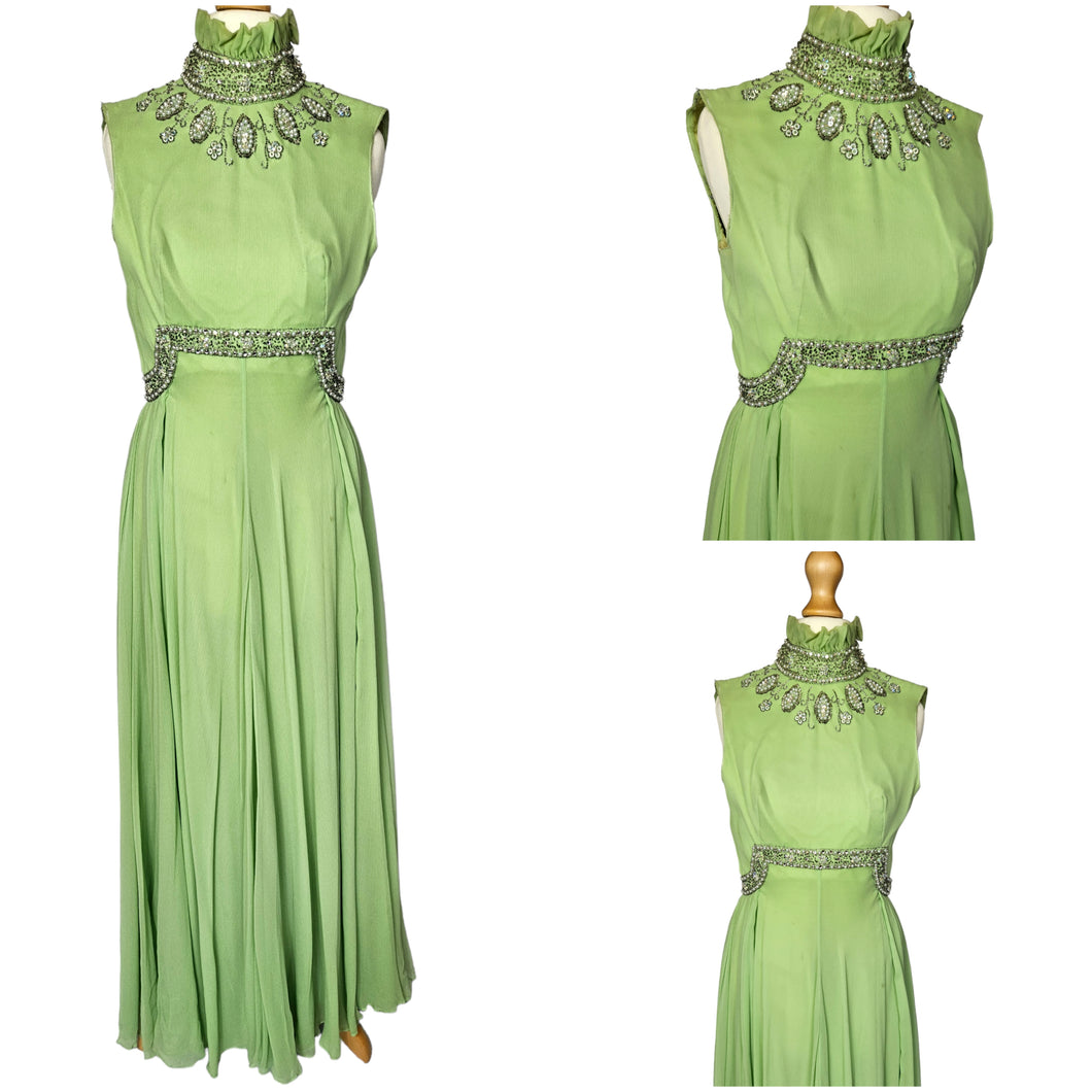 Late 1950s Lime Green Beaded Embellished Long Evening Dress