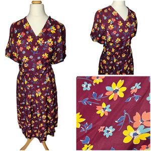 1940s Burgundy And Multicoloured Floral Dress