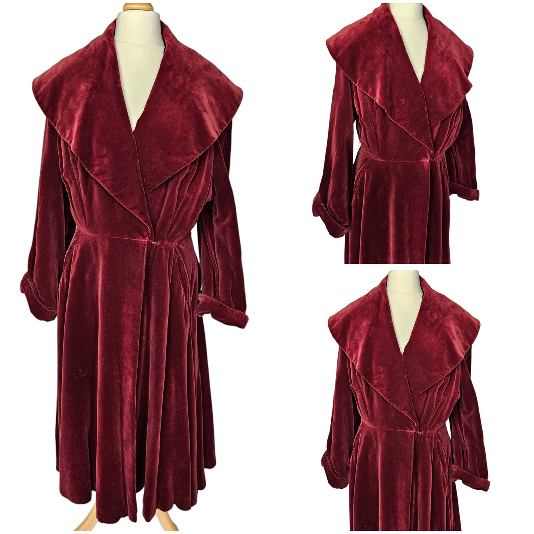 Late 1940s Burgundy Red Velvet Princess Coat