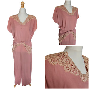 1940s Pale Pink and Cream Lace Crepe Long Evening Dress