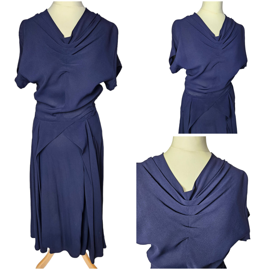 1940s Navy Blue Rayon Dress With Huge Skirt