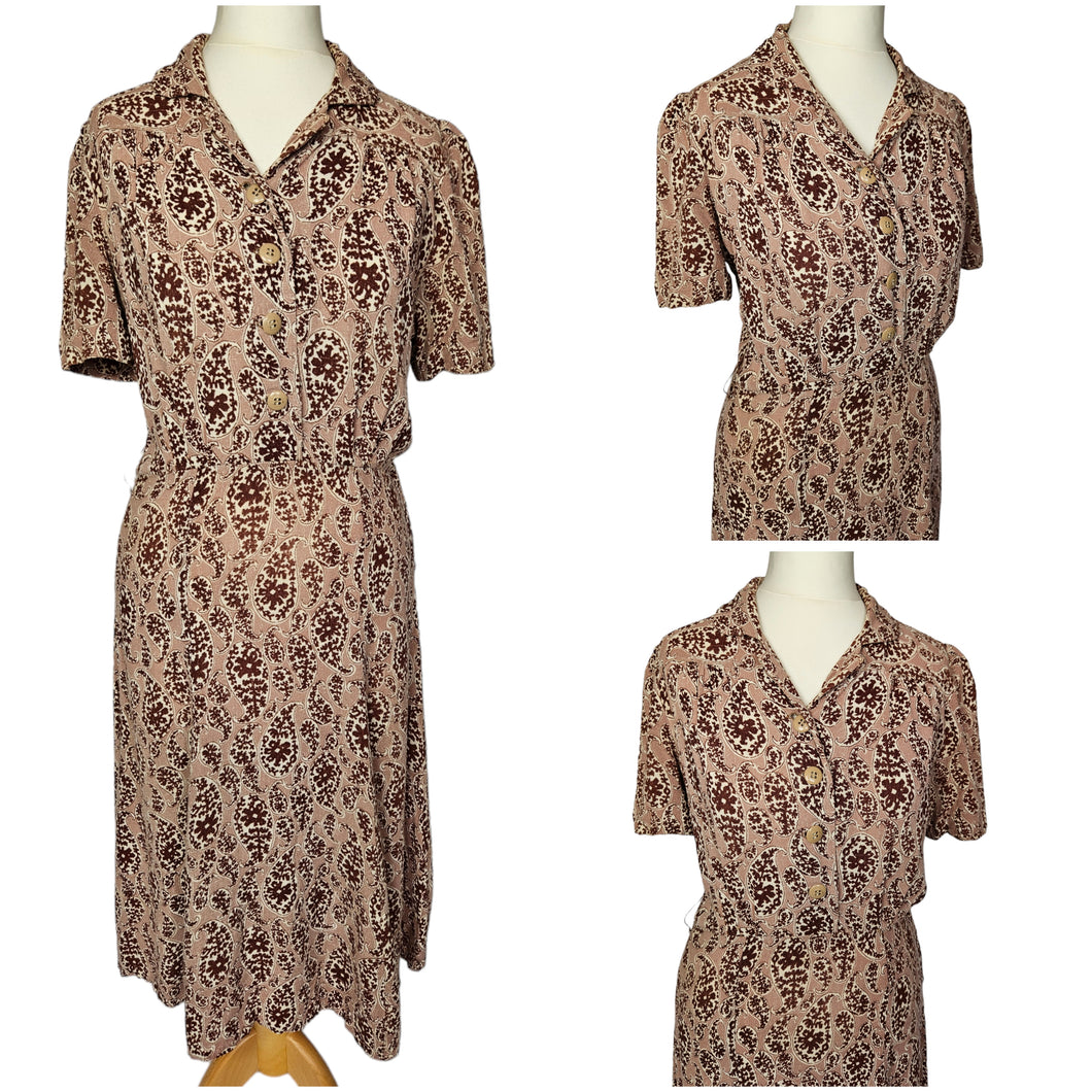 1940s Brown and Beige Floral Paisley Print Dress