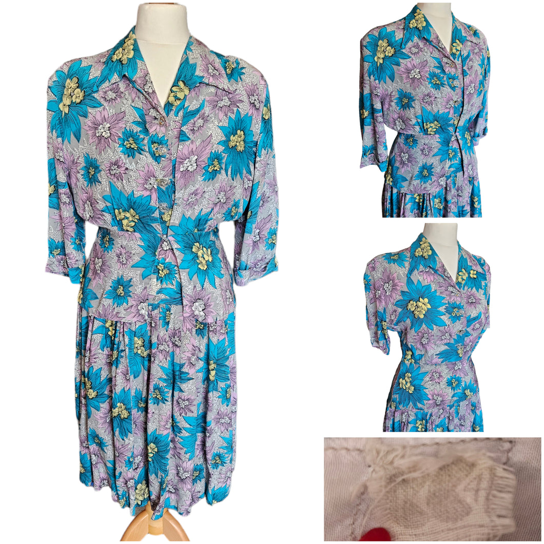 1940s CC41 Teal, Lilac and Yellow Crepe Dress and Jacket Set