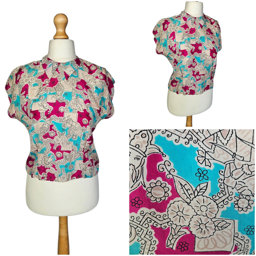 1940s Pink, Blue, Black and White Novelty Print Blouse