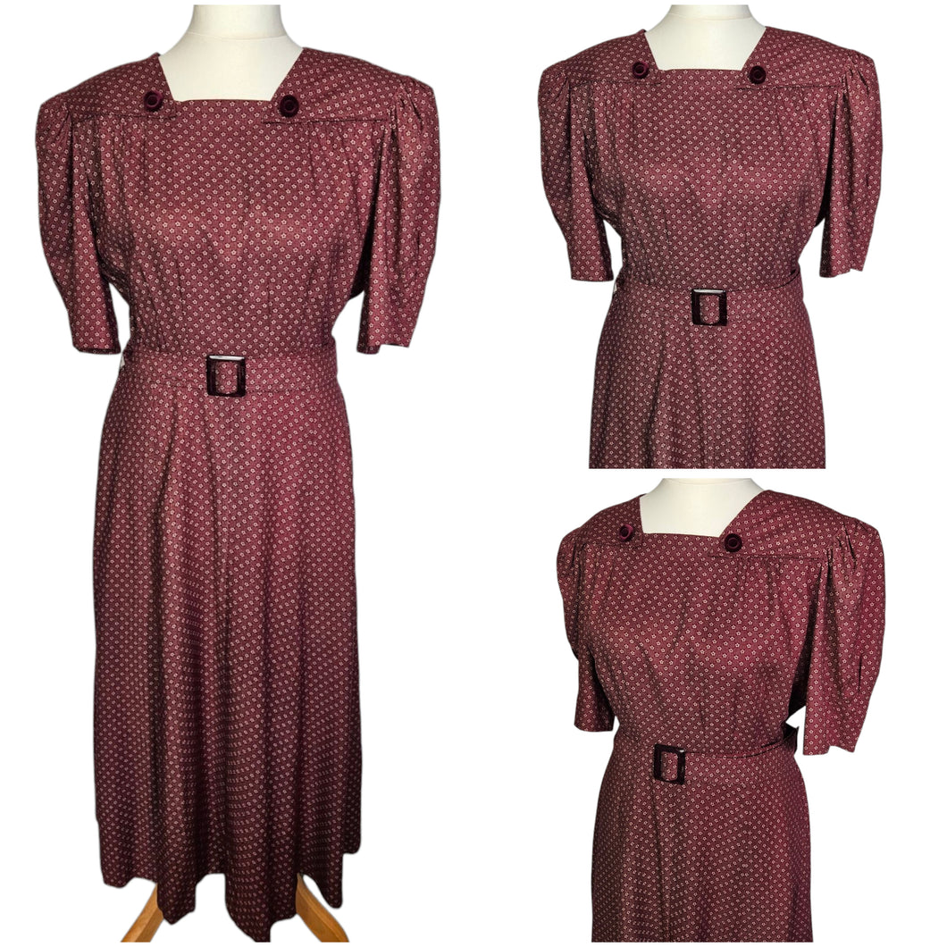 1940s Tailor-made Burgundy Floral Dress With Velvet Buttons