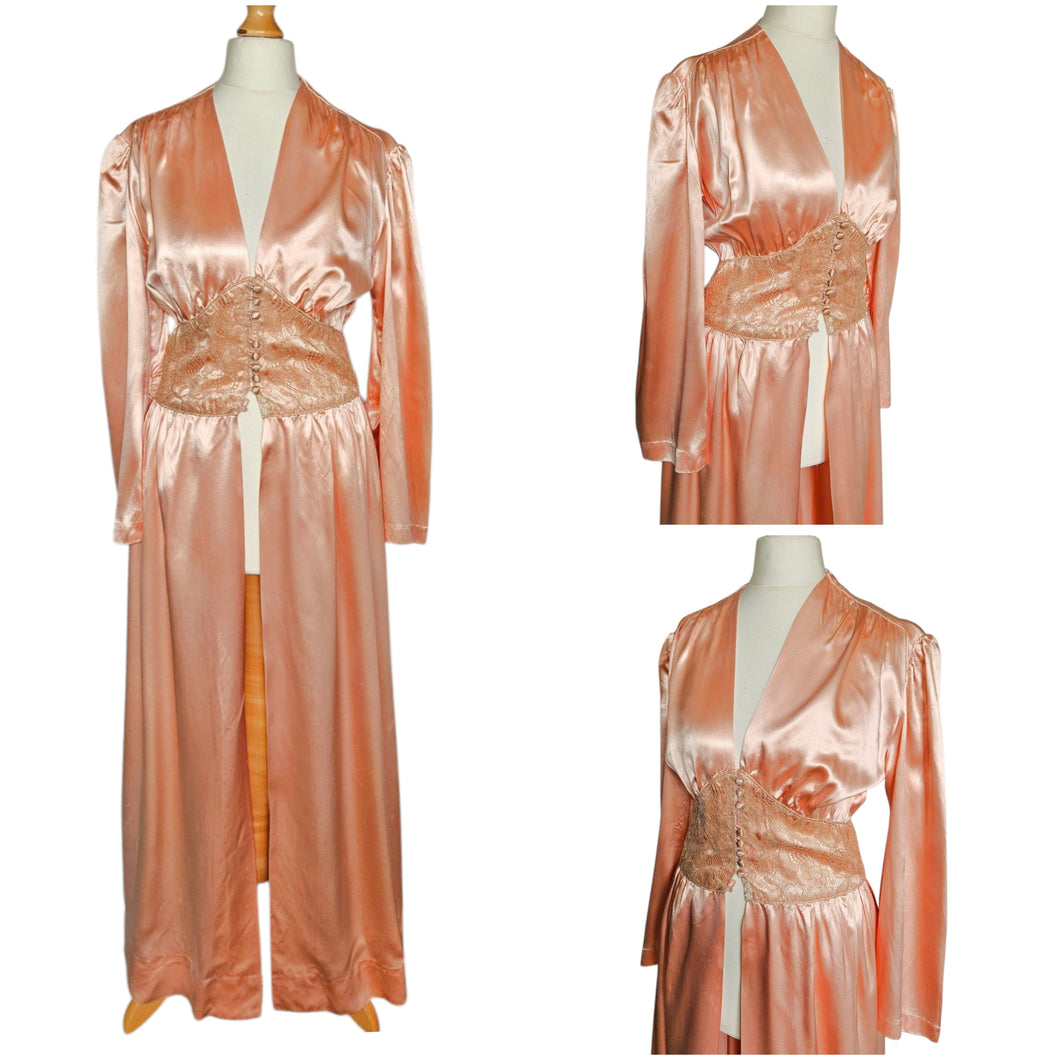 1940s Peach Pink Satin and Lace Dressing Gown