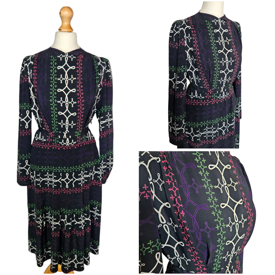 1940s Wounded/As Is Navy, Pink, Green, Purple and White Stripe Dress