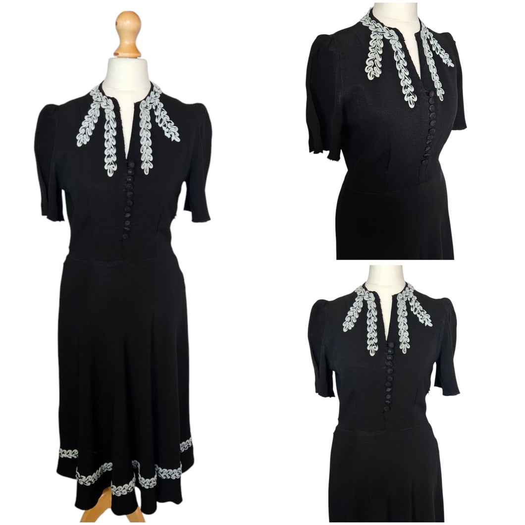 1940s Wounded/As Is Black and White Soutache Dress