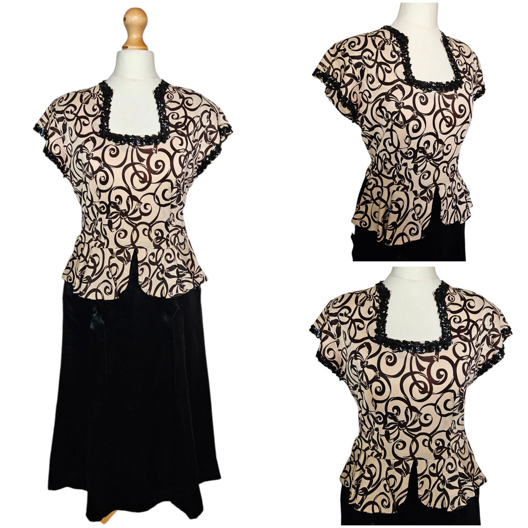 1940s Wounded/As Is Beige and Black Sequin Dress