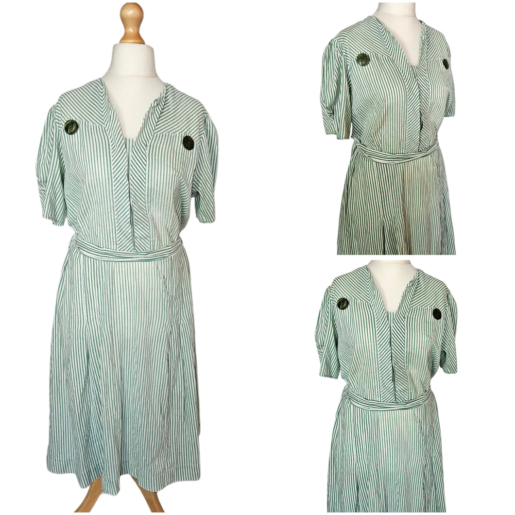 1940s Wounded/As Is Green and White Stripe Dress