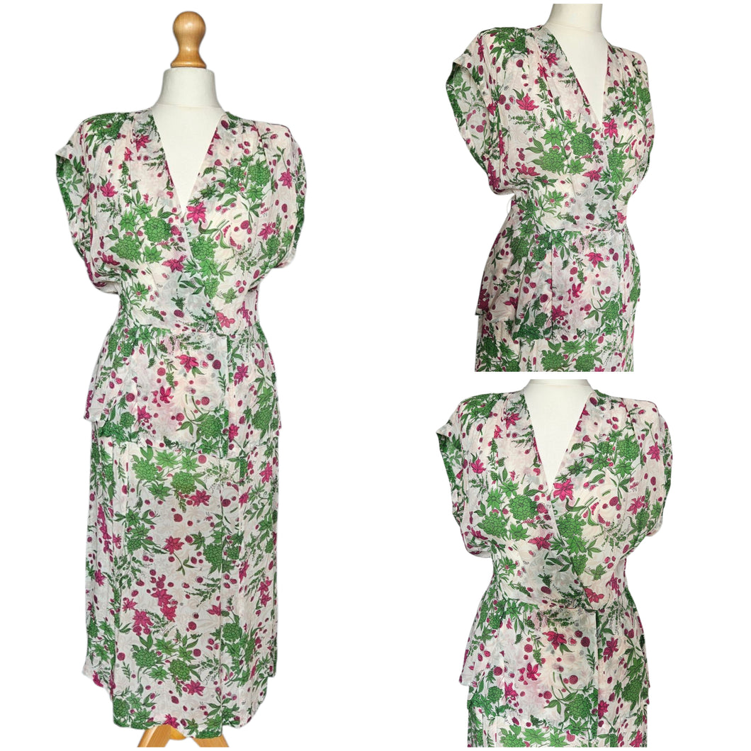 1940s Sheer Green and Fuschia Pink Peplum Dress